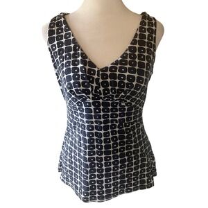 Boden Empire Waist V Neck Tank Top Womens 8 Navy Blue Geometric Print Babydoll
